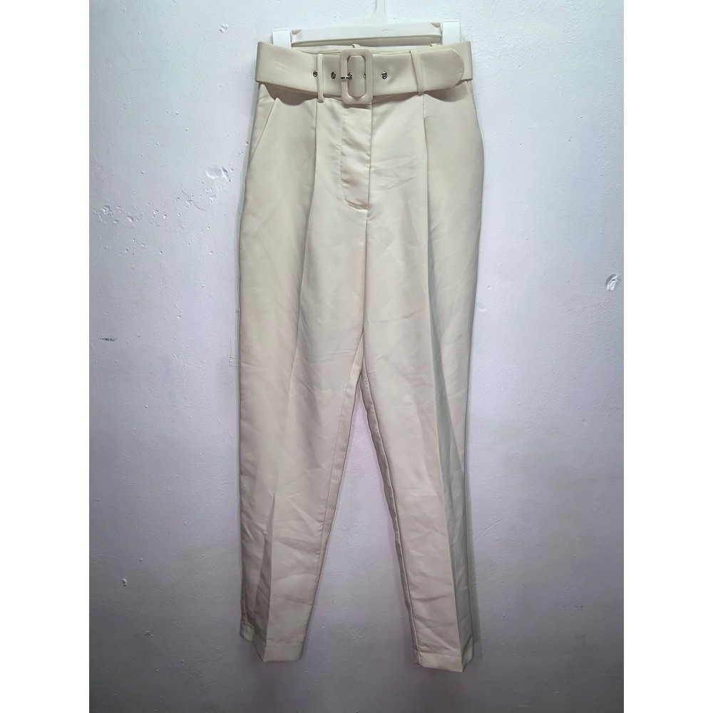Ophelia Roe Cream Belted High Waist Classic Tapered Dress Pants Nautical Office